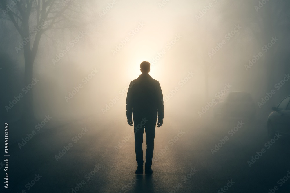 Obraz premium Silhouette of a man standing in a misty road, looking towards a bright light, with cars parked on the side