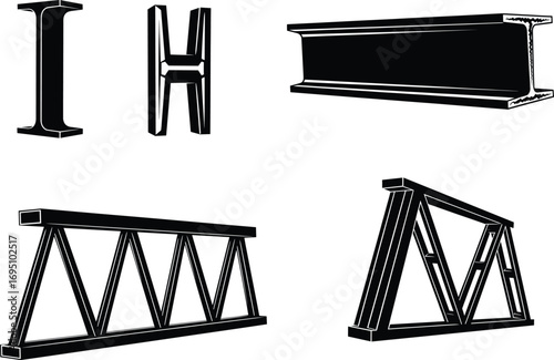 Vector silhouette icons of steel beams and trusses including I-beam, H-beam, box beam, and triangular steel truss structures for construction.