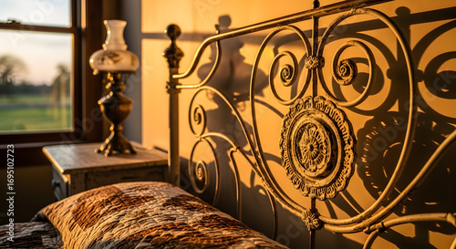 Golden Bed Frame With Ornate Details Silhouetted by Warm Evening Light