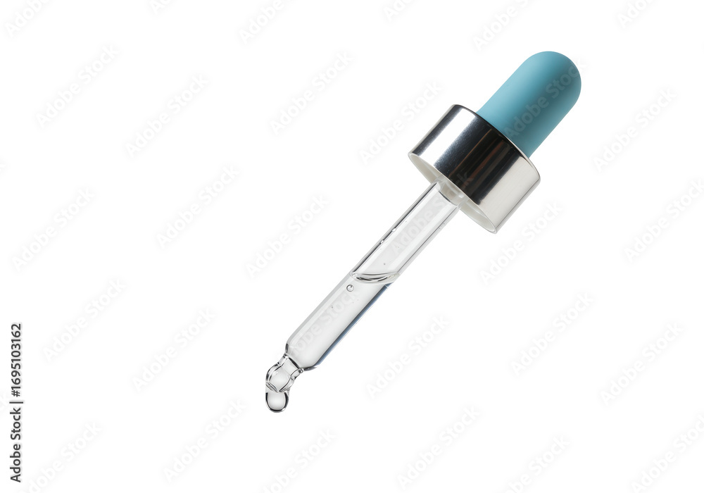 Naklejka premium Isolated clear glass dropper with cyan bulb and silver collar on a plain backdrop