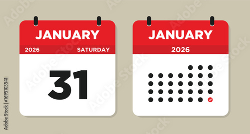 January 31 2026 Calendar Vector Illustration. 31 january calendar page. event reminder illustration. Day calendar with date January 31. Week Starts on Sunday. Checklist day calendar.