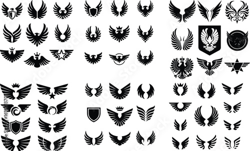 Eagle Wings Emblem Icon Silhouette Set Powerful Eagle Wings Vector Collection