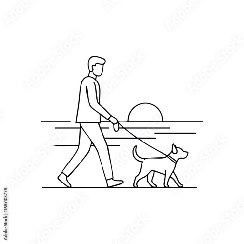 Man Strolling with Pet Dog Vector. Clean line illustration depicting a human enjoying a tranquil walk with their loyal canine companion. Embodies routine and faithful partnership.