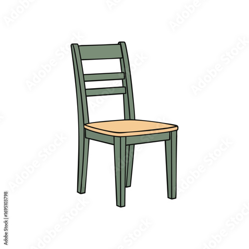 Simple Green Wooden Chair Artwork. A charming vector graphic showcasing a solitary sage-hued household perch. Excellent for conveying themes of domesticity, comfort, or readiness.