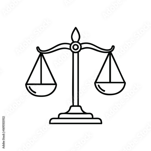 Legal Balance Scales Icon. A clean white vector icon of classic balance scales against a stark black background. It powerfully represents law, order, equality, and the pursuit of truth.