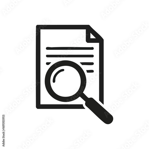 Document Search Magnifying Glass Icon. Graphic representing thorough data examination and information retrieval, symbolizing detailed investigation of records and precise content discovery.