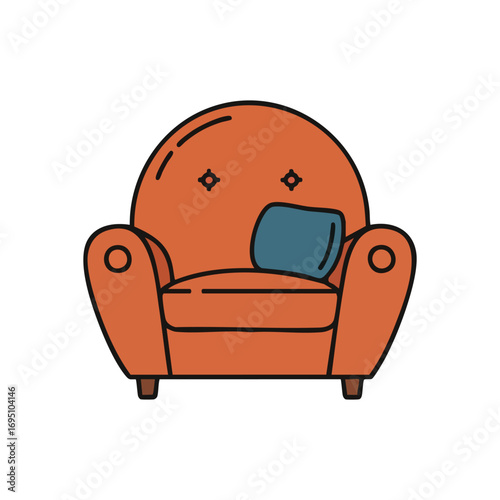 Cozy Orange Armchair Icon. Simple graphic illustration of a comfortable furnishing featuring an accent pillow. Represents leisure and domestic tranquility.