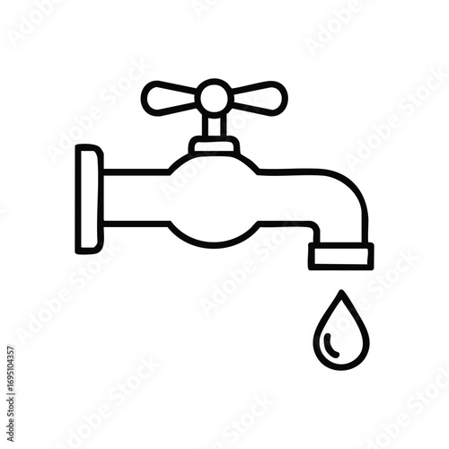 Dripping Tap Water Drop Icon. Simple graphic illustrating a continuous water leak from a fixture. This image conveys the importance of fluid conservation, highlighting wastage and environmental.