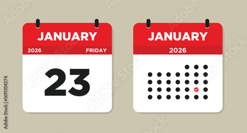 January 23 2026 Calendar Vector Illustration. 23 January calendar page. event reminder illustration. Day calendar with date January 23. Week Starts on Sunday. Checklist day calendar