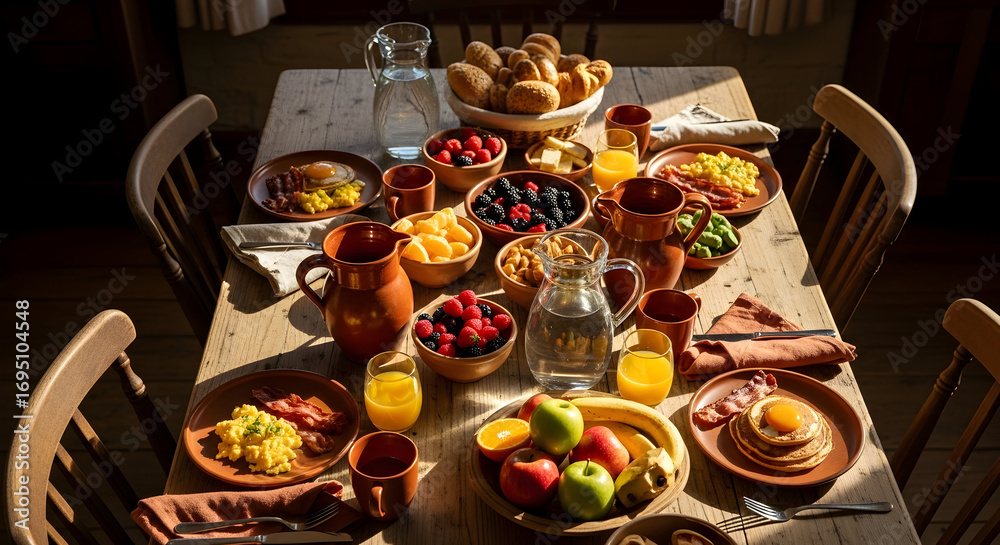 Naklejka premium Hearty Brunch Table Setting With Diverse Dishes, Cups, And Glass Pitcher, Appealing Arrangement