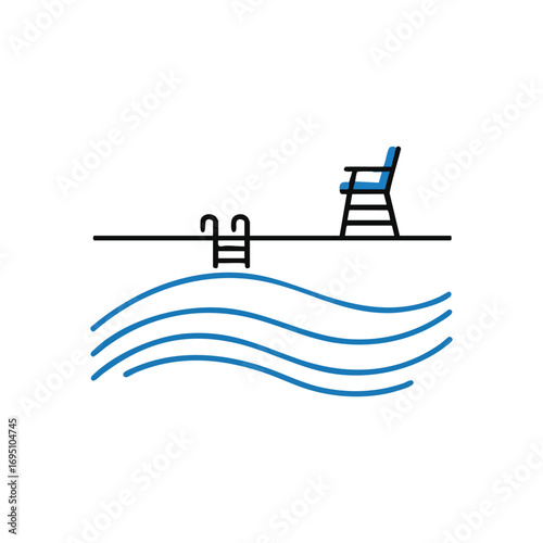 Minimalist Swimming Pool Illustration. Stylized vector graphic featuring an aquatics facility with a secure lifeguard stand and gentle blue ripples. Conveys summer enjoyment and safety.