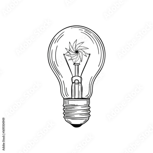 Innovative Light Bulb Doodle. Hand drawn electric lamp symbolizing brilliant concepts and discovery. Its distinct pinwheel filament suggests dynamic innovation and continuous insight.