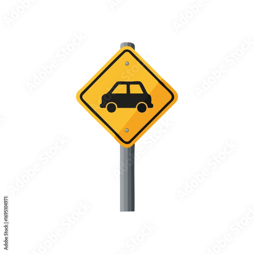 Yellow Car Warning Sign. A bright diamond-shaped traffic marker displays a stark black automobile symbol. This road icon conveys caution or indicates vehicle presence.