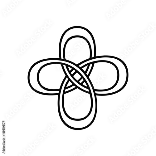 Eternal Knot Interwoven Symbol. Stylized white elaborate motif against black. This profound design signifies everlasting connections, wholeness, and equilibrium.
