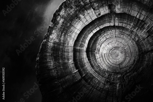 Black and white close-up of a tree cross-section, revealing concentric growth rings.