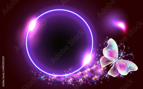 Glowing fairytale neon round frame with magical butterfly. Abstract fantastic background.