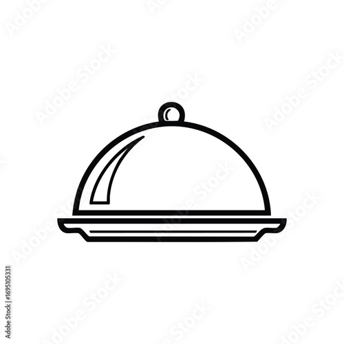 Restaurant Serving Dome Icon. A minimalist graphic depicting a white catering cloche on a tray, conveying sophisticated cuisine, quality service, and special culinary surprise.