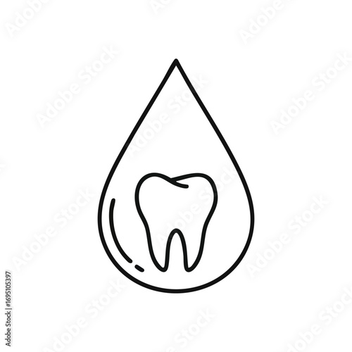 Dental Health Drop Symbol. Clean tooth outline within a clear liquid formation. This emblem signifies proper oral hygiene, protection, and effective dental care.