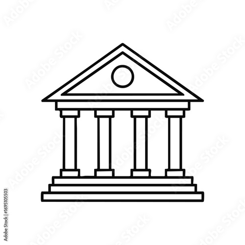 Classical Structure Outline Symbol. A minimalist vector graphic of a grand edifice with pillars, embodying concepts of stability, justice, education, and finance.