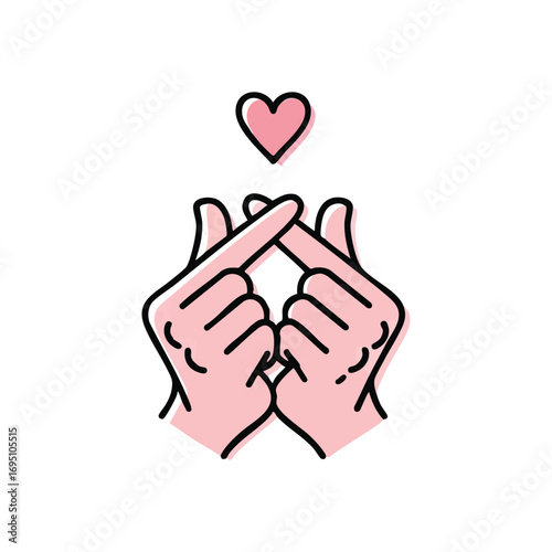 Korean Finger Love Gesture. A minimalist illustration featuring the popular digit crossing icon with a floating rosy emblem. This trendy sign conveys deep affection, care, and gratitude.