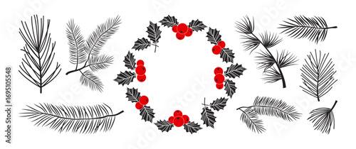 Christmas mistletoe wreath, winter fir branch and pine sprig, holly leaf and ilex berry. Floral holiday twig isolated on white background. Sketch evergreen plant, foliage decor. Vector illustration