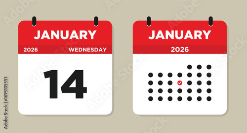 January 14 2026 Calendar Vector Illustration. 14 january calendar page. event reminder illustration. Day calendar with date January 14. Week Starts on Sunday. Checklist day calendar.