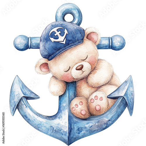 Sleeping bear cub in sailor hat on anchor