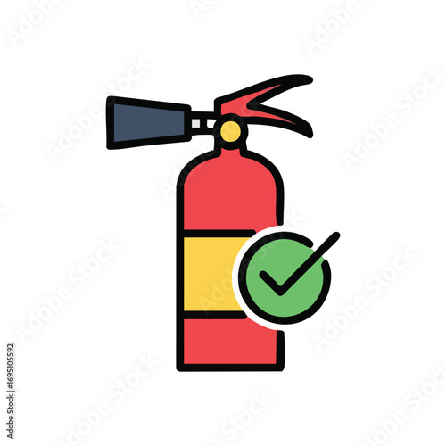 Fire Extinguisher Approved Safety Icon. This graphic depicts a ready flame prevention tool, symbolizing validated equipment and compliant emergency preparedness. It represents protection and.