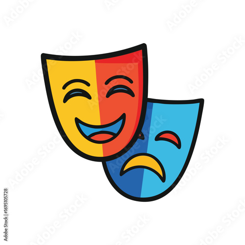 Theater Comedy Tragedy Masks Icon. Vibrant illustration of classic stage visages. A joyful expression signifies delight, contrasted by a melancholic face depicting sorrow, embodying life's emotional.