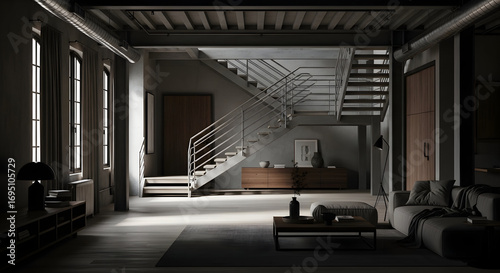 Interior design rendering showcasing a modern living space with industrial elements and stairs
