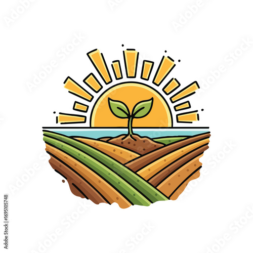 Sprout Sun Fields Landscape Growth. Vibrant illustration of a seedling emerging from fertile ground under a radiant orb. It symbolizes new beginnings, prosperity, and ecological well being.