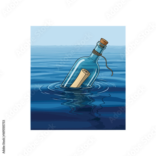 Ocean Message Bottle. A glass container with a rolled scroll bobs on calm blue waves. This evocative visual suggests hope, discovery, and communication across vast distances.