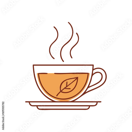 Steaming Herbal Teacup Illustration. Minimalist graphic depicting a cozy hot beverage in a mug with a plant element, symbolizing comfort and natural well being.