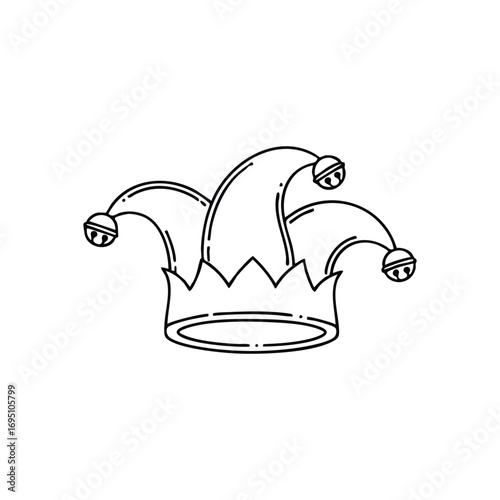 Joker Cap Silhouette. This playful harlequin headwear with bells embodies humor, revelry, and historical entertainment. A whimsical emblem of mirth and merriment.