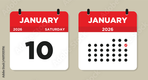 January 10 2026 Calendar Vector Illustration. 10 january calendar page. event reminder illustration. Day calendar with date January 10. Week Starts on Sunday. Checklist day calendar.