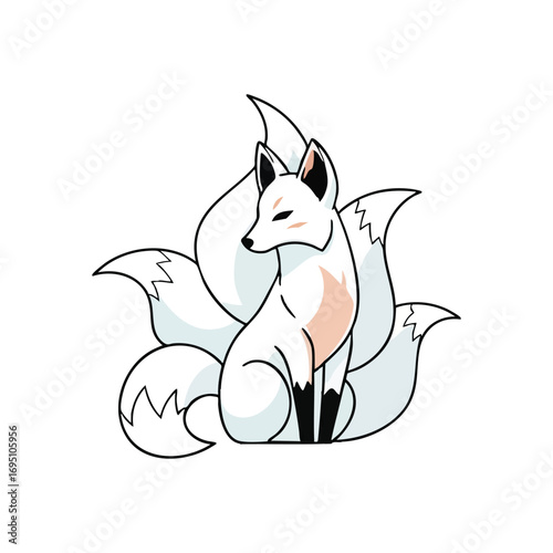 Elegant White Nine Tailed Fox Spirit. A captivating Kitsune with multiple luxurious appendages. Symbolizes wisdom, longevity, and good fortune in East Asian folklore. Minimalist artwork.