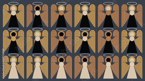 Elegant Art Deco angel pattern design with warm gold and black tones for festive holidays
