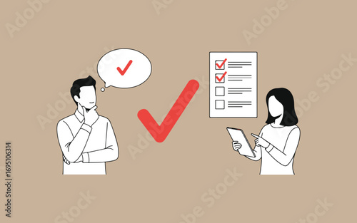 Two people reviewing a checklist with a large red checkmark symbolizing completion