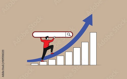 Man carrying search bar up a rising graph and arrow