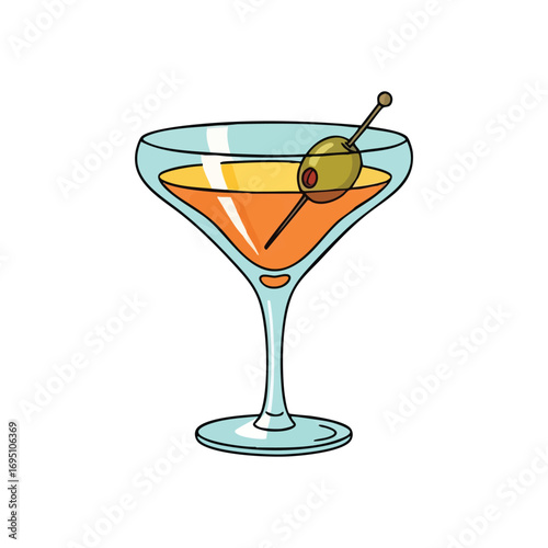 Classic Cocktail with Olive. This refined beverage, artfully garnished, evokes the spirit of sophisticated gatherings and celebratory occasions. Ideal for menus.