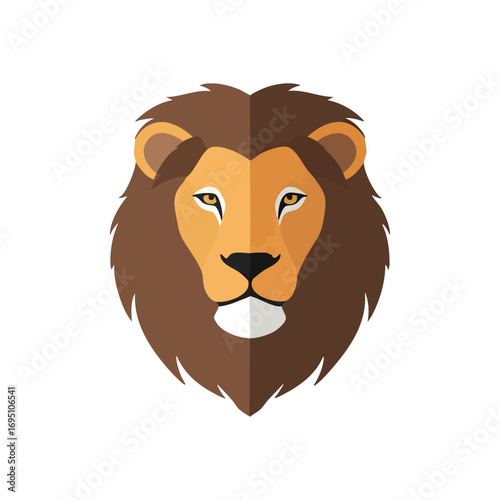 Majestic Lion Head Flat Style Icon. This stylized king of the jungle visage embodies strength, courage, and leadership. A bold, minimalist graphic representing feline grandeur.