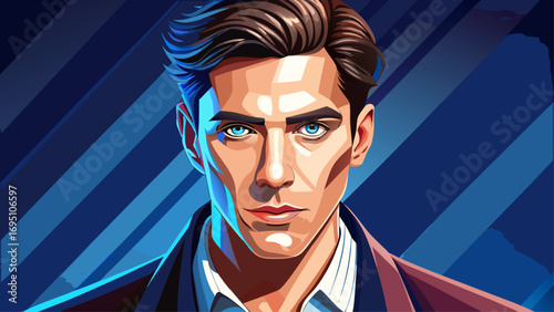Close-up portrait of male fashion model in stylish suit posing confidently. Isolated background reflects elegance, charisma, and modern beauty.