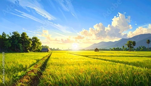 A vast expanse of golden rice paddies stretches towards a backdrop of lush greenery and rolling hills, bathed in the warm glow of a serene sunrise.