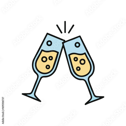 Clinking Champagne Flutes Icon. This vibrant illustration depicts two elegant goblets of bubbly effervescent wine, symbolizing triumph, camaraderie, and festive occasions.