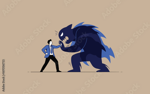 Man confronts and stands up to a large dark monster