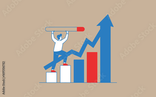 Business person climbing upward trending graph with progress bar