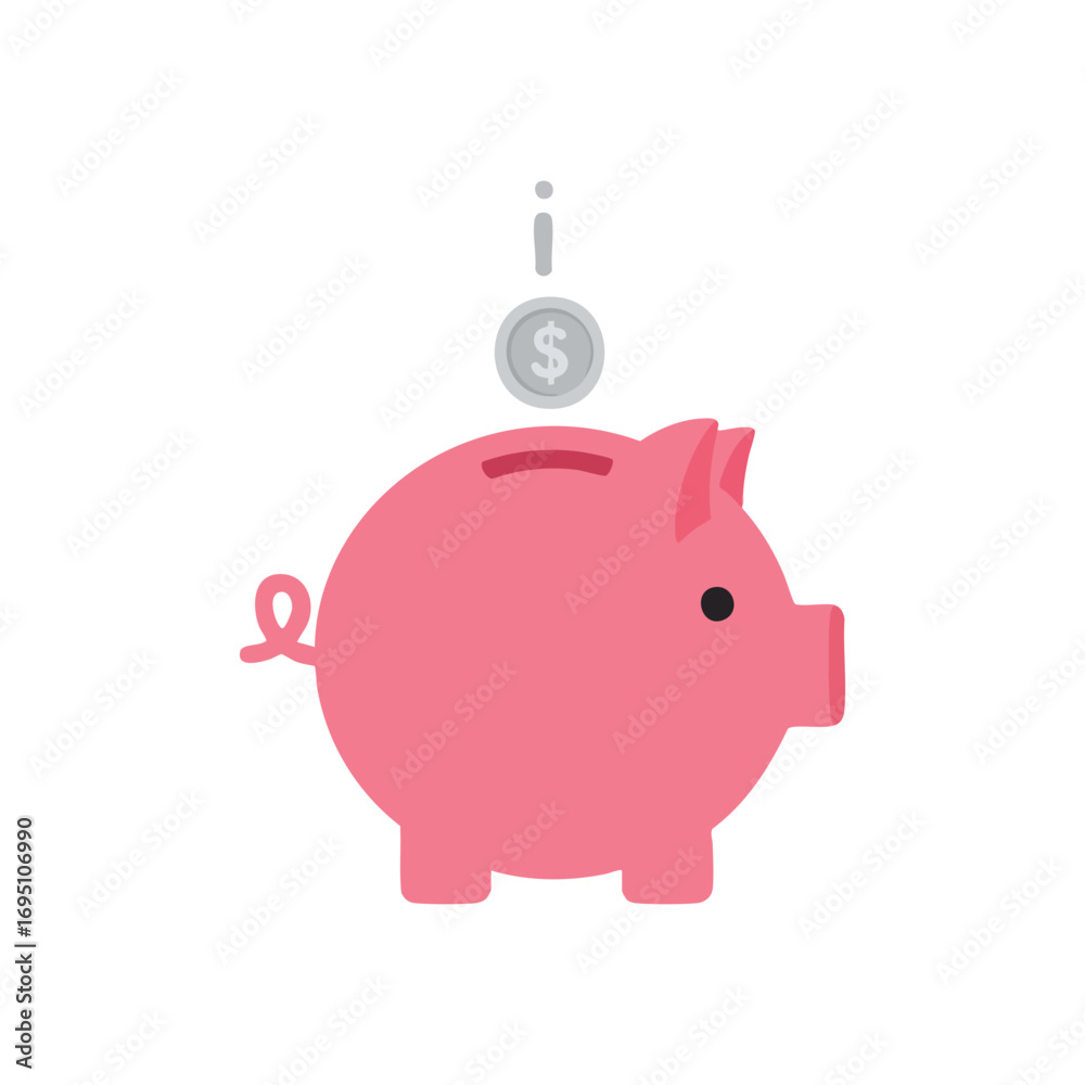 Obraz premium Pink Piggy Bank Coin Drop Icon. A cheerful porcine moneybox receives a gleaming silver dollar, symbolizing prudent financial growth and future investment for economic prosperity.