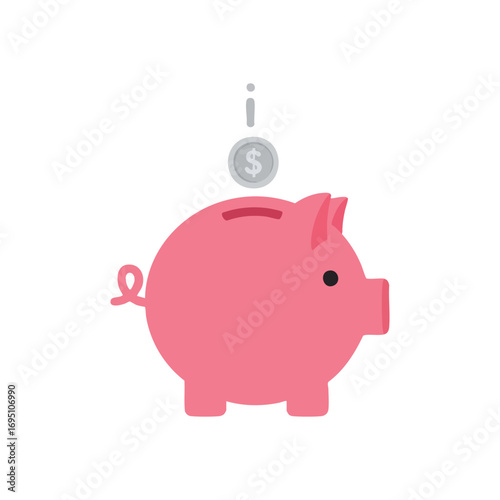 Pink Piggy Bank Coin Drop Icon. A cheerful porcine moneybox receives a gleaming silver dollar, symbolizing prudent financial growth and future investment for economic prosperity.