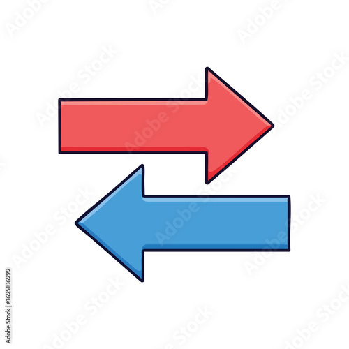 Opposing Arrows Directional Concept. Vibrant graphic featuring a crimson pointer facing right and a sky blue indicator pointing left. Symbolizes exchange, two-way flow, or a choice between.