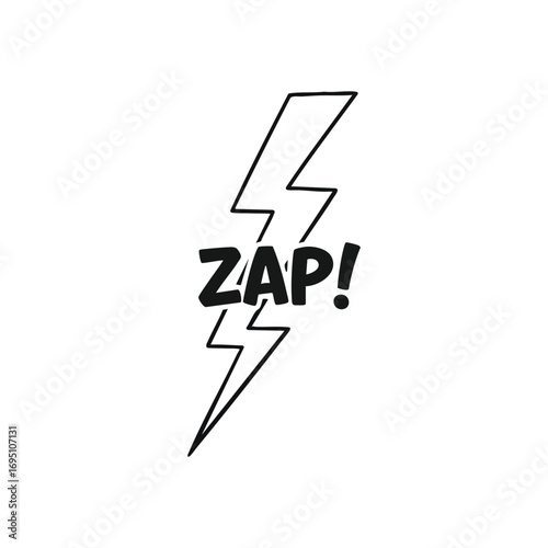 Zap Lightning Bolt Graphic. Dynamic illustration of an electric charge with a bold sound effect. Represents sudden energy, power, and surprising impact.